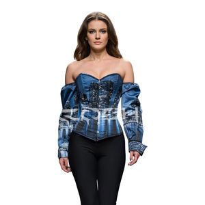 Corsé Sublimado Azul Satinado al por Mayor con Mangas y Estampado Personalizado, Top Corsé con Diseño de Horizonte Urbano, Fabricante de Bustiers - Product Image 1
