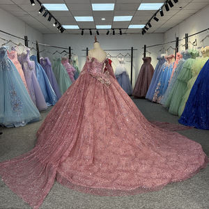 Vestido de Quinceañera/Fiesta de 15 Años con Lentejuelas Rosadas Deslumbrantes, Manga Regular, Estampado y Cola de Capilla, Modelo 9984 - Product Image 3