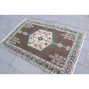 Vintage Accent Rug, 4x5.8 ft Turkish Rug, <b>Brown</b> Moroccan <b>Wool</b> Rug - Product Image 2