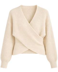 Manufacturer Customized Women <b>White</b> Ribbed Knit Wrap Sweater <b>Long</b> <b>Sleeve</b> V Neck Cross Front Casual Elegant Winter Fashion <b>Top</b> - Product Image 1
