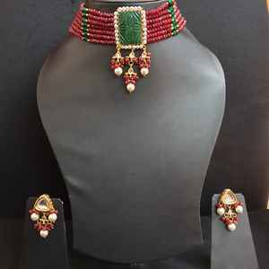 Gargantilla de piedra tallada con cuentas Rojas, collar con pendientes, colección de joyería fina - Product Image 5