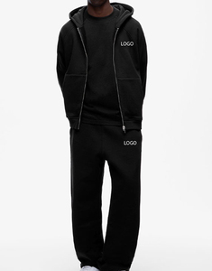 Ensemble survêtement en molleton noir personnalisé pour homme, sweat à capuche zippé, logo imprimé en relief, pantalon de survêtement surdimensionné, lavage à l'acide, vêtements décontractés pour l'extérieur - Product Image 1