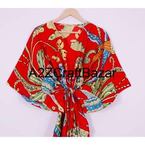 Robe courte en coton pur faite à la main pour femmes, style bohème, imprimé floral, vêtements de plage, couverture, été, douce, respirante, confortable - Product Image 2