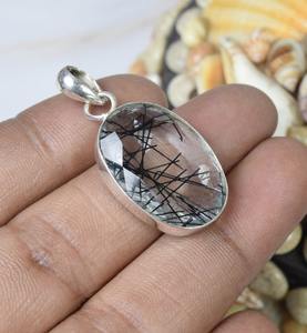 Pendentif de mode rutile noir 925 pendentif en argent Sterling pierres précieuses bijoux faits à la main forme ovale pendentif de créateur cadeau pour elle - Product Image 2