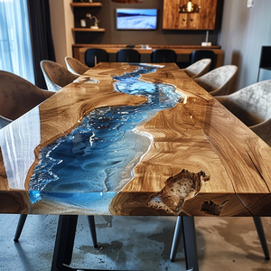 Tavolo da Pranzo in Legno Massello con Resina Epossidica Effetto Fiume, Tavolo in Legno Bordo Vivo con Resina Blu Trasparente, Arredamento Moderno per Ristoranti e Caffè - Product Image 5