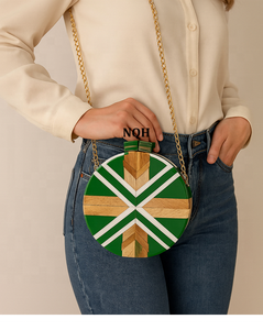 Pochette de soirée de luxe faite à la main en bois et résine, durable et écologique, avec incrustation géométrique, sac à bandoulière avec chaîne, logo personnalisé - Product Image 5