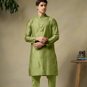 Conjunto de Kurta y Pijama de Algodón y Seda Verde Mehendi para Hombre, Transpirable, Informal, de Diseño Étnico para Uso Diario y Festivo - Product Image 1