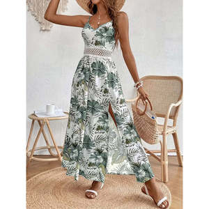 Women's Strappy V-Neck Waistband <b>Lace</b> Floral Pattern Side Slit Maxi Supreme Dress, 35585 - <b>Green</b> - Product Image 4