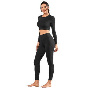 Conjunto de ropa deportiva atlética negra de manga larga para mujer, ropa de moda sin costuras, ropa de gimnasio, traje de entrenamiento de Yoga para mujer - Product Image 1