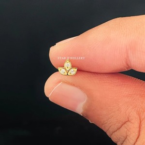 14K Solid Gold Natural Diamond Lotus <b>Studs</b> for High Lobe Conch Tragus Helix Tragus Cartilage FIne Jewelry. - Product Image 1