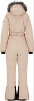 Combinaison de ski une pièce pour femme OEM, imperméable, avec fermeture éclair, pour l'extérieur, fabriquée en Chine, capuche amovible en fourrure, ceinture élastique à la taille