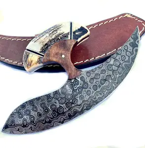 优质手工单刀和固定刀片乌鲁刀大马士革钢绞肉刀出售，带皮革护套