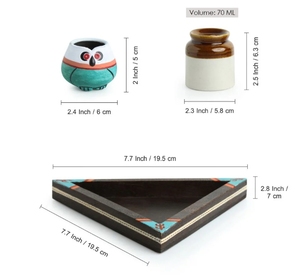 Desert Owl-Jar Pack Juego de Salero y pimentero esmaltado a mano con soporte para palillos y bandeja Salero y pimentero de madera con bandeja - Product Image 6