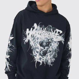 OEM Heavyweight Pullover Streetwear Vintage Sudadera con capucha Mezcla de algodón Logotipo personalizado Serigrafía Sudadera con capucha negra de gran tamaño - Product Image 6