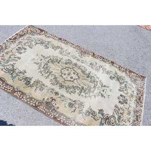 3.9x6.8 ft Area Turkish Vintage Rug, <b>Brown</b> Striped <b>Wool</b> Rug - Product Image 4