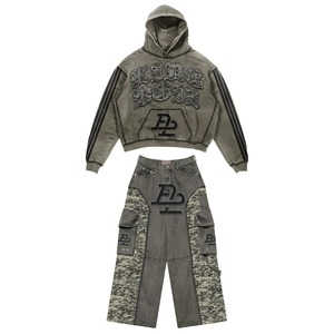 Conjunto de Dos Piezas Casual Vintage de Hip Hop para Hombre, Pantalones Joggers con Cintura Ajustable con Cordón, Sudadera con Estampado Digital de Letras Grandes, 100% Algodón - Product Image 4