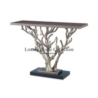 Table console en forme de logo d'arbre, couleur argent métallique, aluminium moulé, design forgé à la main, poli miroir, table d'appoint murale