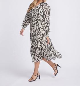 Vestido Casual Americano OEM 2023, Estilo Línea A, con Volantes, Cuello Alto, Botones al Frente, Mangas Largas, Estampado Animal, Tallas Grandes - Product Image 4