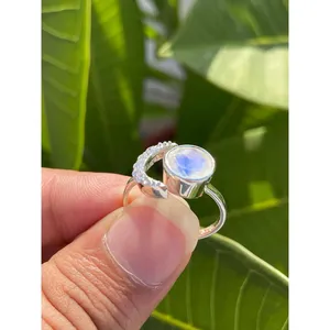 925 <b>Silver</b> Crescent Moon <b>Statement</b> <b>Ring</b> Boho Style Gemstone Men's <b>Ring</b> Rhodium Plated with Cut Stone Inlay Everyday Wear Jewelry - Product Image 2