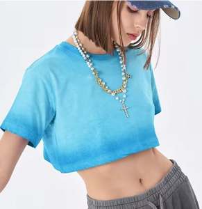 Logo personnalisé dames bleu clair col rond T-shirt surdimensionné lavé poids lourd t-shirts vierges - Product Image 4