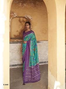 Nueva última seda suave con estampado de Ikkat con Sari de forcejeos adjunto con blusa de seda suave con piezas de trabajo de bordado estampado - Product Image 4