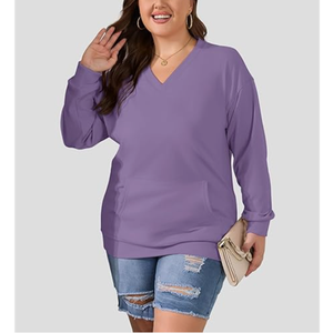 Hot Sales Casual Fall <b>Womens</b> Long Sleeve Terry <b>Sweatshirt</b> <b>V</b>-<b>Neck</b> Hoodless Pullover Tops Solid Pattern Discharge Printing Pockets - Product Image 2