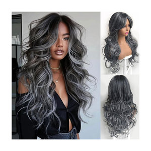 วิกผมสังเคราะห์สีน้ำตาลเข้มสำหรับผู้หญิงผมหยิกยาวหยักศกมีการตัดเป็นชั้นๆและผมม้าเน้นสีเทาเข้ม - Product Image 1