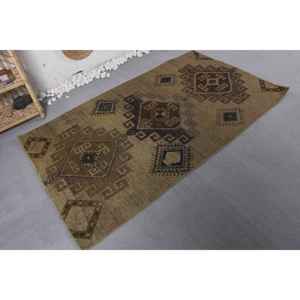 พรมขนสัตว์ทรงเรขาคณิตสีเบจสีน้ำตาลวินเทจทำด้วยมือขนาดกลาง3.7x6.7ฟุตสี่เหลี่ยมงานปะต่อกันดีไซน์ยางเป็นมิตรกับสิ่งแวดล้อม - Product Image 2