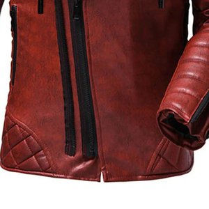 <b>Men's</b> <b>Red</b> PU <b>Leather</b> Hooded Moto <b>Jacket</b> With Zipper Closure And Quilted Design For Autumn Wear - Product Image 6