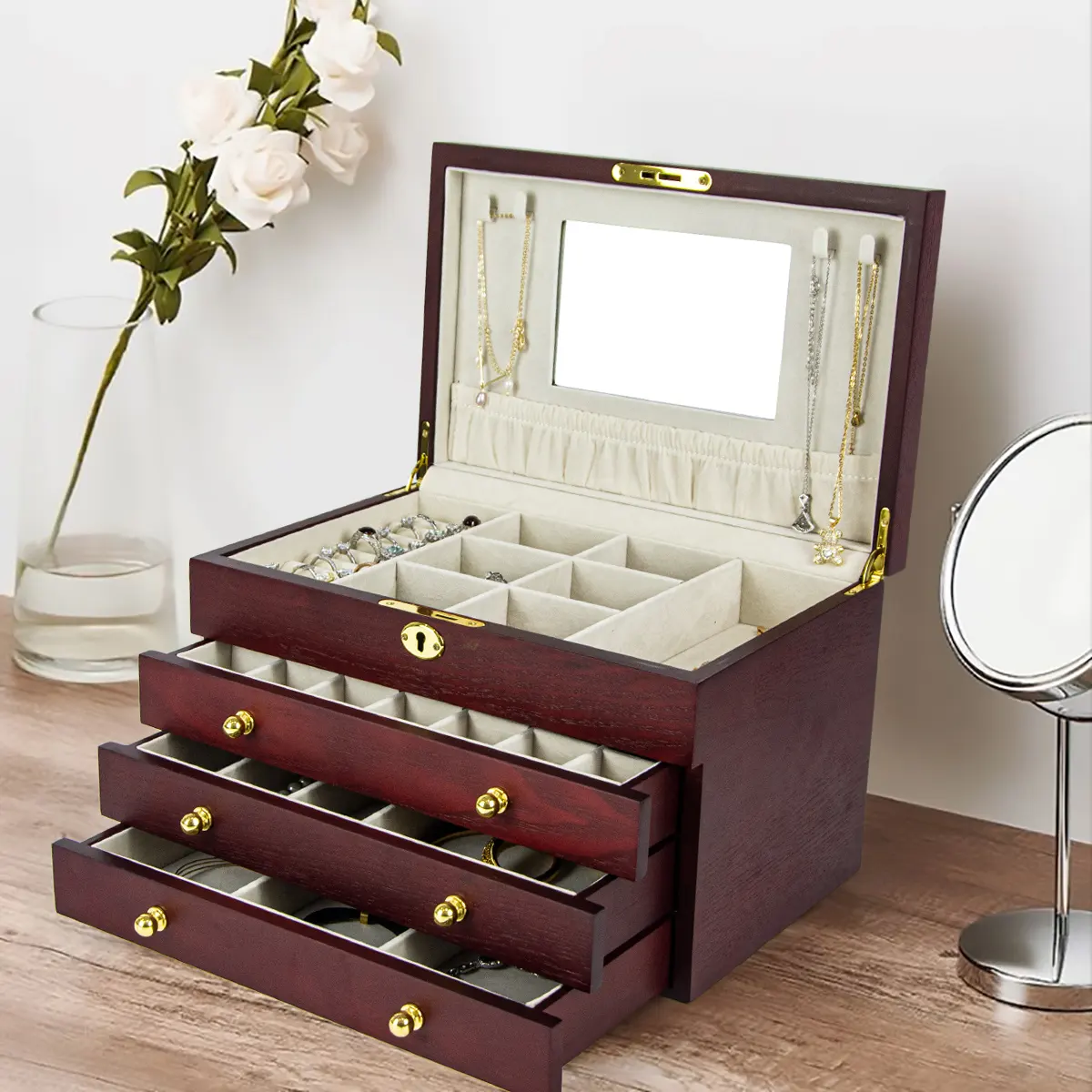 FORTE-joyero multicapa con espejo, caja de almacenamiento de joyería de lujo, Cajón Grande de madera, organizador, gran oferta