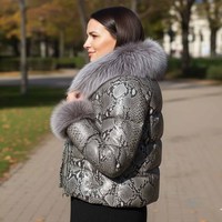 Veste en cuir matelassée pour femme avec capuche en fourrure de renard - Manteaux en peau d'agneau de luxe S-XXL, Lederjacken Damen