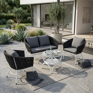 Dark <b>Grey</b> Durable Outdoor Garden Furniture <b>Set</b> White Iron Frame Woven Rope Sofa Armchairs Glass Coffee <b>Table</b> for Living Room - Product Image 4