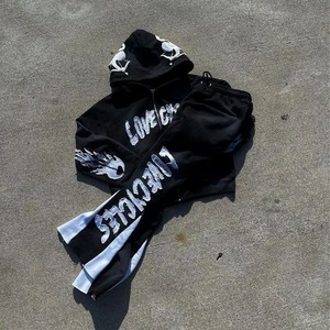 Custom <b>Distressed</b> Printed Embroidery Zip Hoodie Sweatpants Set Mens Streetwear Tracksuit Rhinestone Sun Faded Acid Wash - Product Image 1