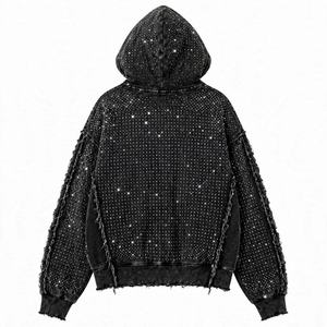 <b>Men's</b> Black Rhinestone <b>Hooded</b> <b>Denim</b> <b>Jacket</b> Oversized Hip Hop Style Regular Sleeve Glitter Print Autumn Wear - Product Image 4