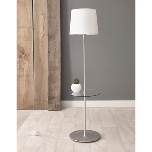 Lampe sur pied en bois avec plateau, abat-jour en tissu blanc, détail de séparation/plateau en verre, lampe sur pied moderne et fonctionnelle avec plateau - Product Image 2