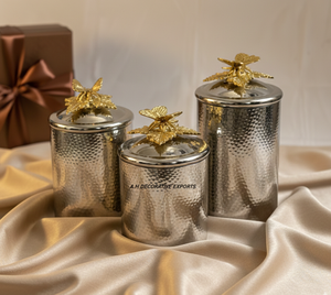 Elegant European Handcrafted Stainless Steel Hammered Silver <b>Canisters</b> Gold Butterfly Lids-Eco-Friendly Decorative Tableware - Product Image 6
