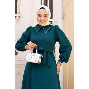 Robe modeste de couleur pétrole avec col de chemise Hijab à la mode et élégant - Product Image 3