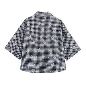 Femmes broderie florale Plaid haut court 100% coton été décontracté ample Blouse avec poignets roulés revers col Logo décoration - Product Image 5