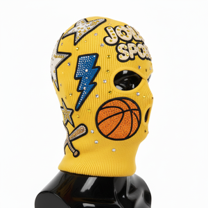 Balaclava en tricot acrylique de qualité supérieure en jaune vif avec des patchs brodés ornés de strass, logo personnalisé, balaclava pour hommes - Product Image 5