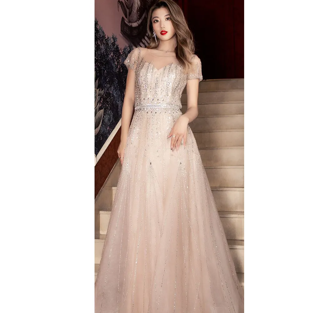 Fashion Sexy Strapless Mesh Beaded Long Sleeve Gown Wedding Prom Party Evening Dress