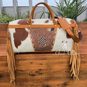 Venta caliente de alta calidad de cuero mecanizado patrón a cuadros flecos bolsa de lona de viaje de cuero de vaca genuino para Unisex - Product Image 1