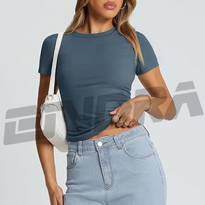 เสื้อยืดสีฟ้าคอกลมแขนสั้นผ้าฝ้ายนุ่มทรงสลิมฟิตลำลองสำหรับผู้หญิงเสื้อผ้าแฟชั่นฤดูร้อน2025เทรนด์ใหม่ - Product Image 2