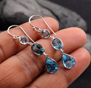 Boucles d'oreilles pendantes en topaze bleue plaquées or, argent sterling 925, bijoux tendance pour femmes, cadeau de mariage - Product Image 4