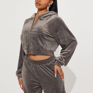Chándal de otoño para mujer, ropa de Color sólido con cremallera, Top corto, conjuntos de sudaderas con capucha, conjunto de trajes de terciopelo de dos piezas, ropa deportiva, chándal de terciopelo - Product Image 2
