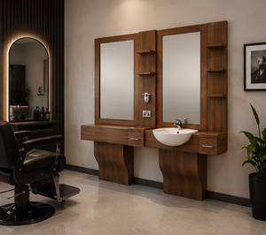 Station de coiffure et de maquillage réglable en bois durable et écologique avec miroir sur pied, tiroir et évier – Mobilier moderne pour usage hôtelier - Product Image 4