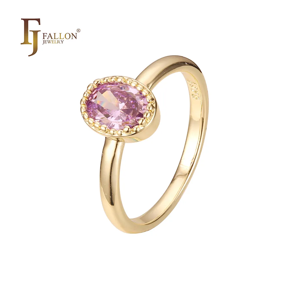 53201979 FJ Fallon Fashion Jewelry Solitaire Oval Stone Engagement Rings With Halo Beads Plated In 14K Gold Brass Based