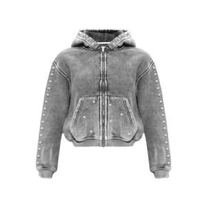 Sweat à capuche zippé personnalisé de qualité supérieure pour hommes 100% coton recadrée Boxy Stone Distressed Applique Patch Broderie Lavage à l'acide Hiver - Product Image 1