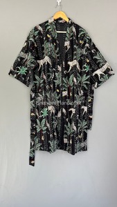 Unisex Japanese-Style Winter Puffer Dressing Gown Safari Print Kantha <b>Jacket</b> with Jungle Pattern <b>Kimono</b> Letter Pattern Design - Product Image 6