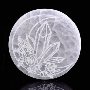 Plaque de charge en sélénite naturelle ronde, symbole de fleur et de cristal pour la guérison par le Reiki, vente en gros de plaques de charge en sélénite - Product Image 2