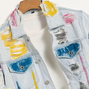 Conception personnalisée de l'usine OEM veste en jean denim délavé au soleil Streetwear veste en jean vintage avec broderie en strass pour hommes - Product Image 3